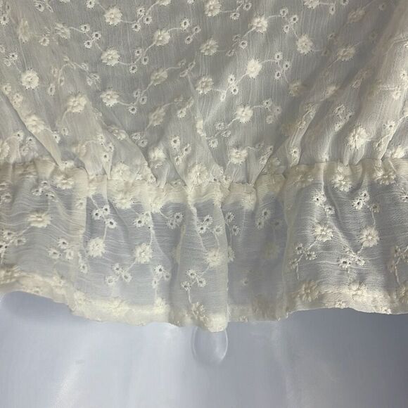 Idem Ditto White Eyelet Floral Crop Top Small Peplum Ruffle Sleeve Plunge Neck - Picture 6 of 11